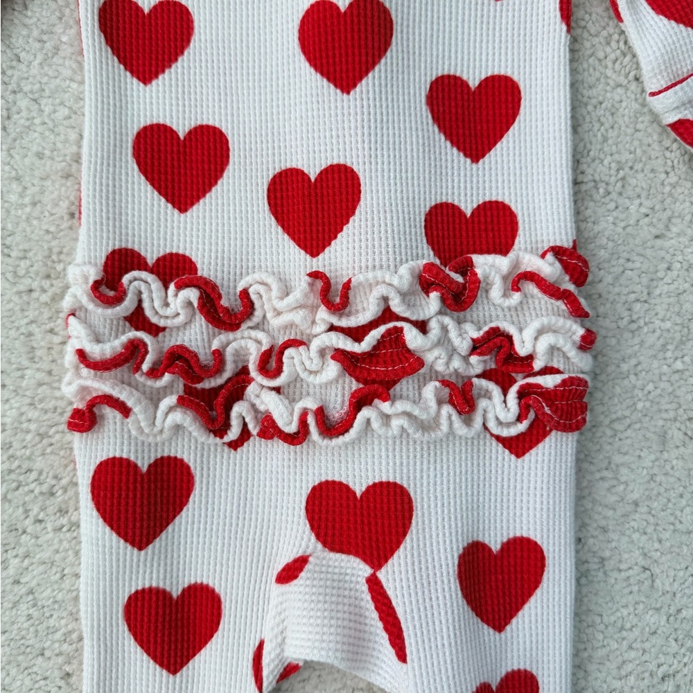 Spearmint Love Red Heart Waffle Knit Ruffled Footed One Piece - Picture 9 of 11